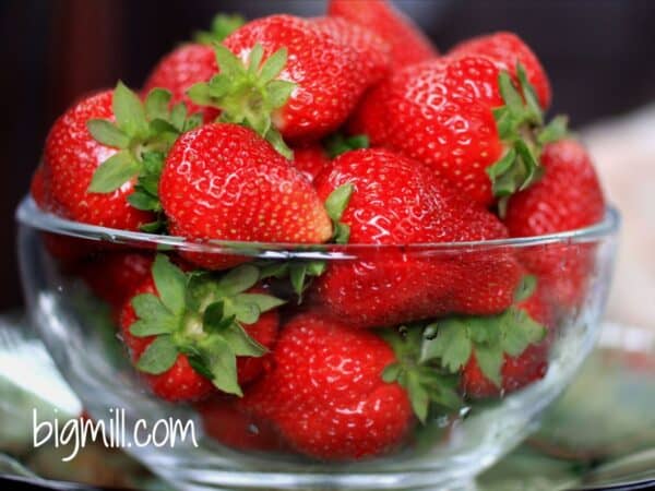 Ripe strawberries in a bowl ready to be eaten at Big Mill B and B