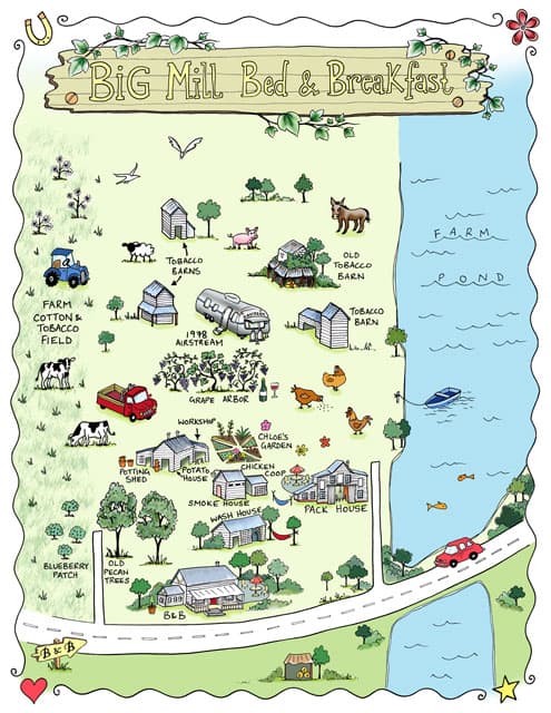 Hand Drawn Map of Big Mill B and B Farmstead in Eastern NC