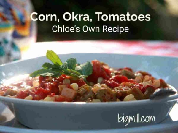 Southern corn okra tomato dish with sliced okra, sweet corn kernels, and stewed tomatoes - traditional Eastern North Carolina summer recipe.