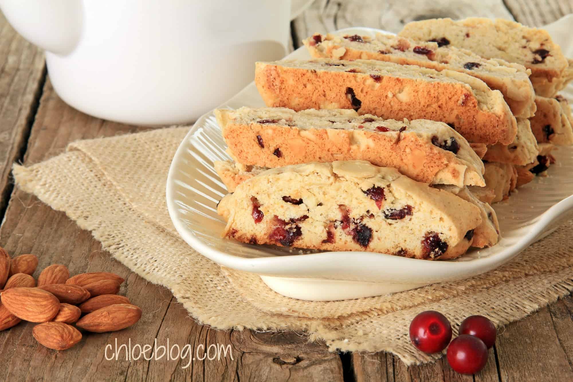 Freshly baked almond and cranberry biscotti. Get recipe on Chloe's Blog