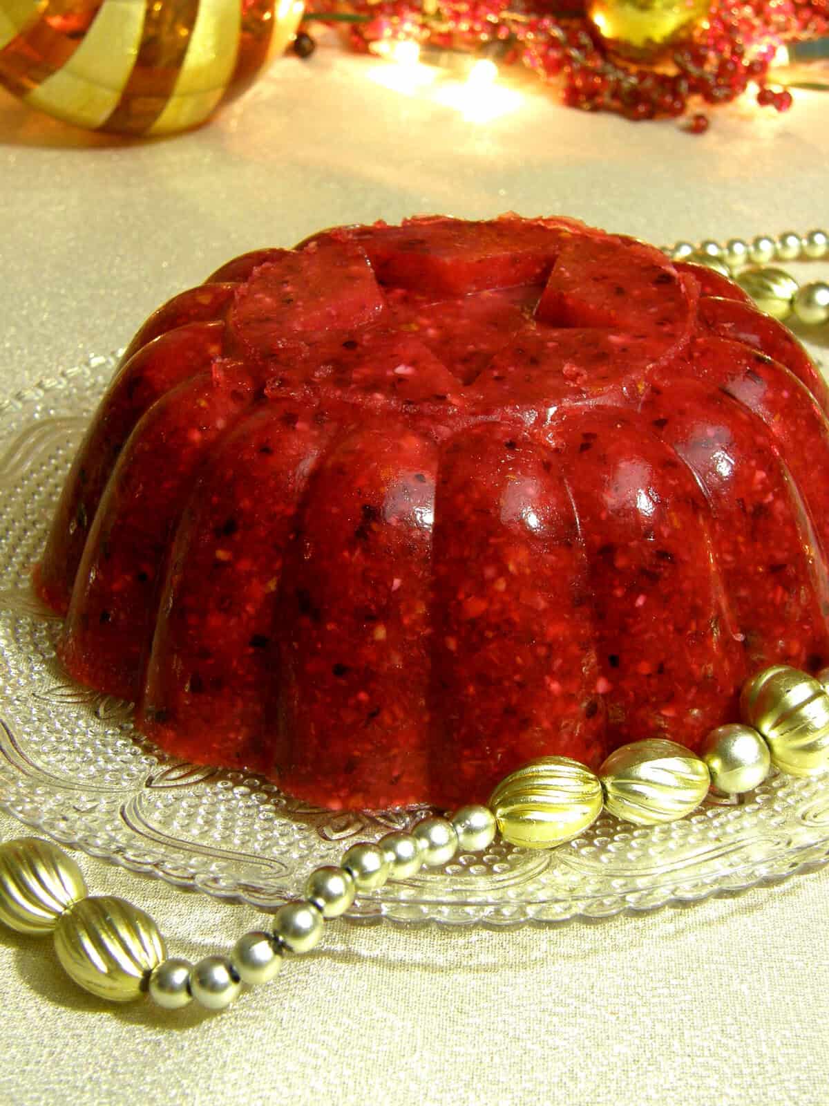 Cranberry Salad in a glass bowl, bright red, festive, and full of tradition.
