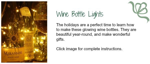 So romantic AND festive! Now is the perfect time to make wine bottle lights for holiday decorating. Find complete instructions on the Big Mill Bed and Breakfast innkeeper's blog. | chloesblog.bigmill.com/light-up-with-wine-bottles/
